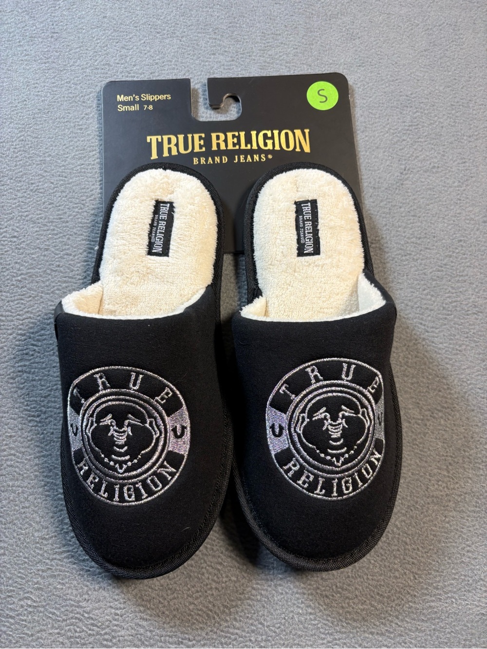 True Religion Black Mens Slip-On Slippers with Cream Lining and Embroidered Logo